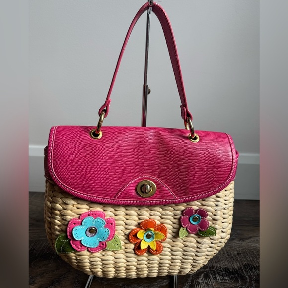 Pink and Blue Basket Bag with Floral Appliques - Picture 1 of 7